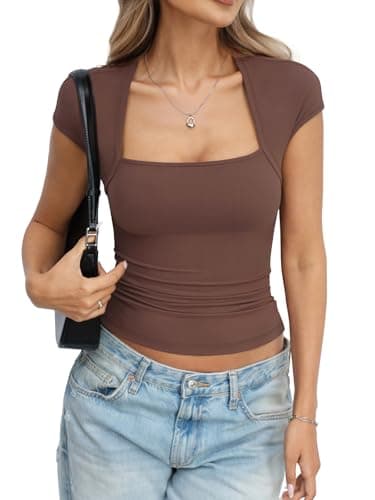 Eachyes Womens Square Neck Short Sleeve Shirts Cap Sleeve Low Cut Tops Sexy Slim Fit Basic Tee Y2k Going Out Cute Summer Crop Outfits 2026 Brown Small