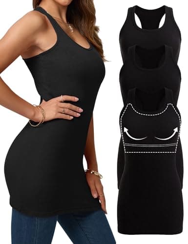 Missclub 3 Pack Womens Tank with Shelf Bra Racerback Ribbed Scoop Neck Long Shelf Bra Black Tunic Tank Tops L - Image 1