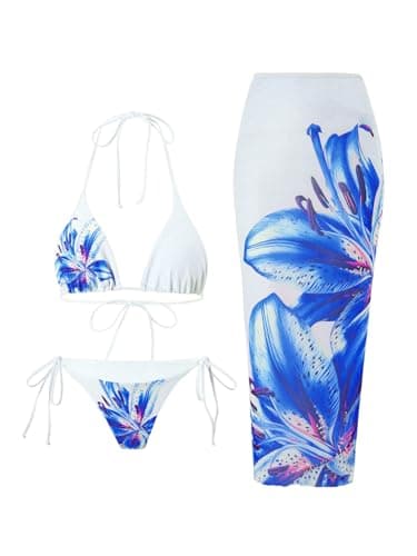 GORGLITTER Women's 3 Piece Bikini Set Floral Print Halter Top Swimsuits String Thong Bathing Suit with Beach Coverups Blue and White Medium - Image 1
