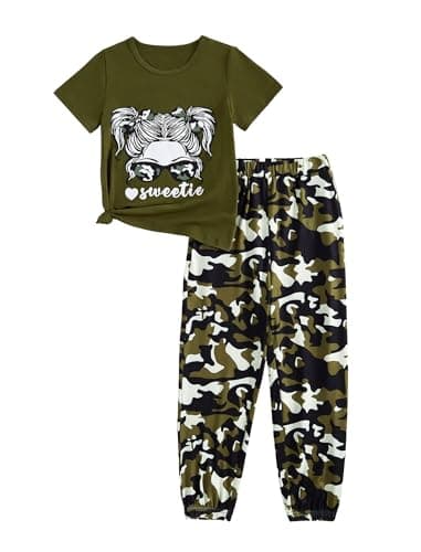 Woleroyir Teen Girl Clothes Cute Short Sleeve Tops Camouflage Long Legging Girls Summer Outfits, Army Green, 6-7 Years - Image 1