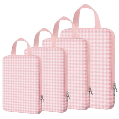 NBERMOTION 4 Set Expandable Compression Packing Cubes for 3–7 Day Travel, Solid & Plaid Fabric Travel Organizers, Double-Zipper Storage Bags for Carry-On & Suitcases(4set-Pink Gingham)