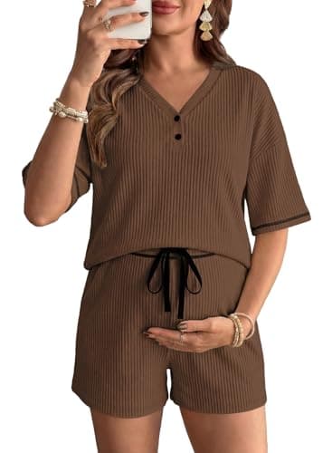 BLENCOT Women's Maternity Lounge Set Nursing Pajamas Set Button V Neck Textured Tee Top and Shorts Pregnancy Summer Outfits Chicory Coffee XL - Image 1