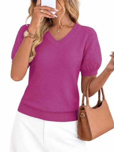 LaGracia Puff Short Sleeve Sweater for Women Summer Puff Sleeve Sweater Tops Spring V Neck Cauasl Dressy Shirts Cute 2026 Hot Pink XL - Image 1