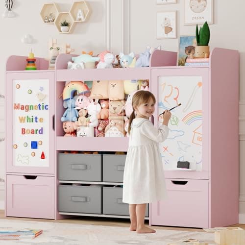 VortinT 61" W Kids Bookshelf, Toy Storage with 2 Magnetic Drawing Boards, Toy Organizers and Storage with Stuffed Animal Storage, 2 Rolling Boxes, 4 Fabric Bins for Playroom, Nursery, Bedroom(Pink) - Image 1