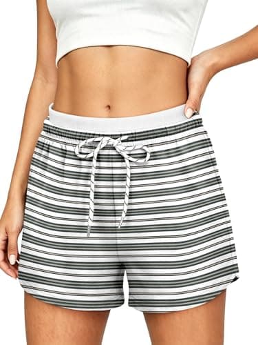 KISSMODA Women Lightweight Stripe Shorts Contrast Waist Printed Drawstring Trip Home Gathering Everyday Wear WhiteGray M - Image 1