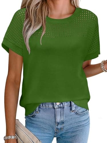 Womens Spring Crochet Knit Tops Lightweight Summer Short Sleeve Sweater Cap Sleeve T Shirts Blouses Green, L - Image 1