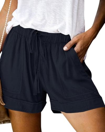 NILOINE Ladies Drawstring Casual Shorts Summer Elastic Waist Cotton Shorts Loose Fit Short Pants with Pocket(1-Navy Blue,X-Large) - Image 1