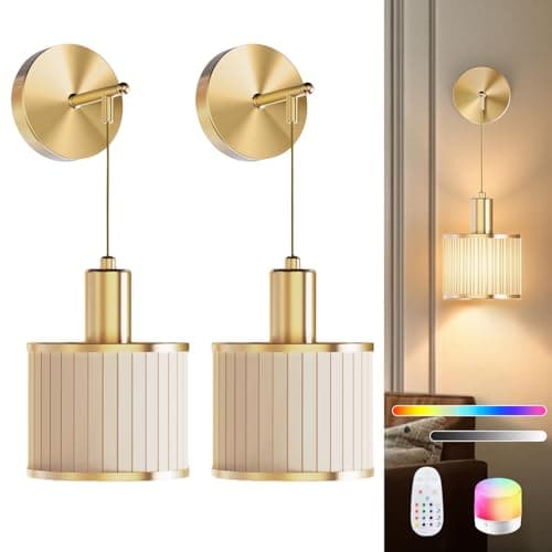 SAIMAND Battery Operated Wall Sconce Set of 2, Wireless Rechargeable Wall Lights with Remote Control, 9 Colors Dimmable LED Lamps, Modern Cordless Sconces for Bedroom Living Room Hallway(Gold) - Image 1