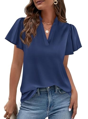 PRETTYGARDEN Women's 2026 Summer Satin Blouses Dressy Casual Ruffle Cap Sleeve V Neck Business Work Cute Tops Spring Outfits (Navy Blue,Small) - Image 1