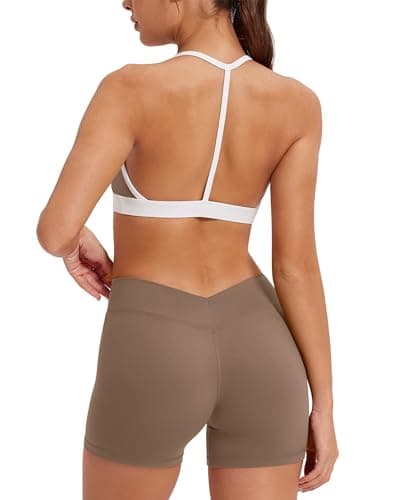 MOOSLOVER Women 2 Piece Workout Sets Layered Halter Sport Bra V Back Gym Shorts Yoga Outfits(L, Light Brown) - Image 1