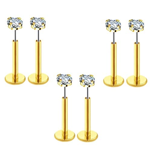 COTATI 20G Flat Back Earrings Stud Threadless Tragus Cartilage Lip Medusa Piercing Jewelry Hypoallergenic (Gold,20G 3/3/3mm CZ) - Image 1