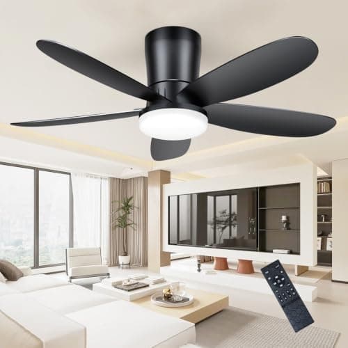 DABOUHORS Ceiling Fans with Lights, Low Profile 42-Inch Modern Small Ceiling Fan for Bedroom Indoor Outdoor - Dimmable Fans with Timer Remote Control Flush Mount Reversible 5 Blades 6 Speeds, Black - Image 1