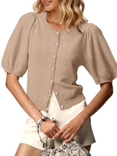 GREAIDEA Womens Puff Short Sleeve Cardigan 2026 Spring Summer Sweater Going Out Tops Business Casual Outfits Work Blouses Clothes Khaki XL - Image 1