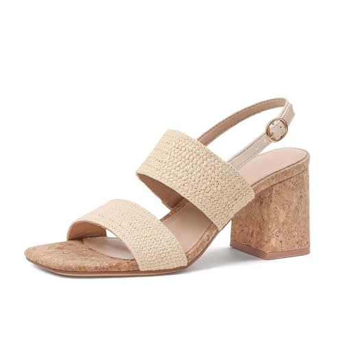 Ancomafio Women's Heeled Sandals Block Chunky Heels Square Open Toe Cork Heels Ankle Strap Casual Sandals Summer Vacation Dress Shoes Apricot Size 9 - Image 1