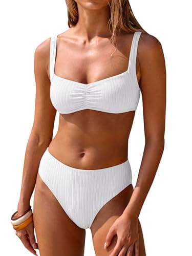 ANRABESS Womens Bikini Sets Two Piece Swimsuit Ribbed Front Ruched Mid Waisted Bathing Suit Color Block 2026 Beach Swimwear White XL - Image 1