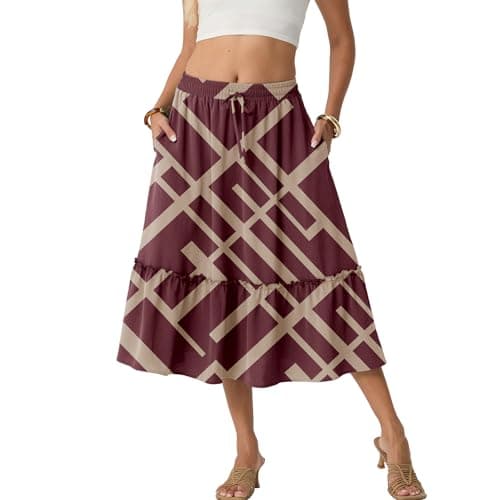 FREEOAK 2026 Women's High Waisted A-Line Midi Skirt Flowy Pleated Summer Casual Beach Vacation Boho Style Skirt with Pockets - Image 1