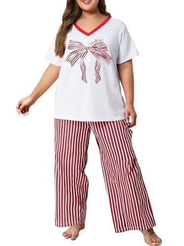 NANYUAYA Plus Size Women’s Pajama Sets, Soft Loungewear V Neck Short Sleeve Carpri Pant with Pockets Sleepwear PJs 1X-5X - Image 1