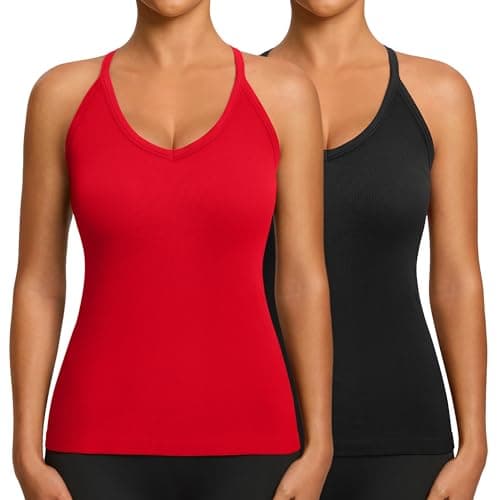 Missclub Camisole Tops for Women Built in Bra V Neck Ribbed Women's Workout Tank Padded Gym Sports Top Black Red - Image 1