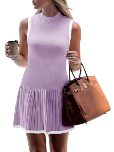Wenrine Womens Sleeveless Summer Mini Dress Mock Neck Ribbed Knit Ruffle Pleated Casual Tank Dress Violet - Image 1