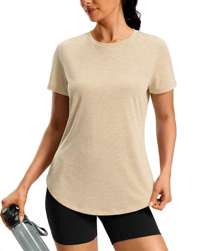 Womens Workout Shirts Short Sleeve Moisture Wicking Lightweight Athletic Gym Hiking Running Yoga Exercise Tops for Women (Oatmeal Khaki,Medium) - Image 1