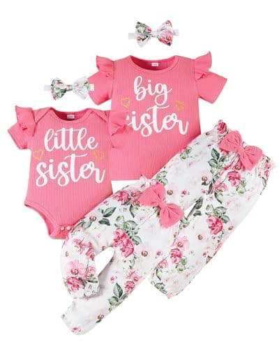 FAMIHAO Big Sister Little Sister Matching Outfits Rib Knit Ruffle Short Sleeve Top with Floral Pants Headband Baby Girl Clothes 3Pcs,4-5T Short&HotPink - Image 1
