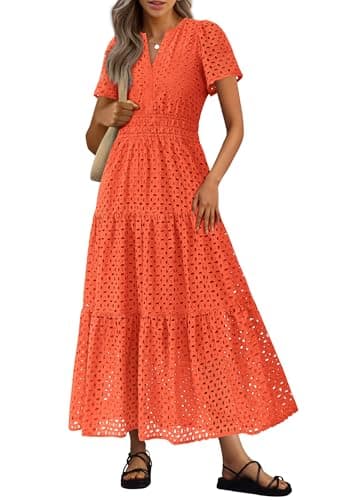 PRETTYGARDEN Womens 2026 Summer Maxi Dress Short Sleeve V Neck Hollow Out Eyelet A Line Long Flowy Beach Vacation Dresses (Orange,Medium) - Image 1