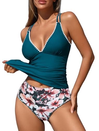 ZAFUL Tankini Swimsuits for Women V Neck Push Up Two Piece High Waisted Swimwear Color Block Tankini Swimsuit Modest Bathing Suit with Shorts (Blue Bloom XL) - Image 1