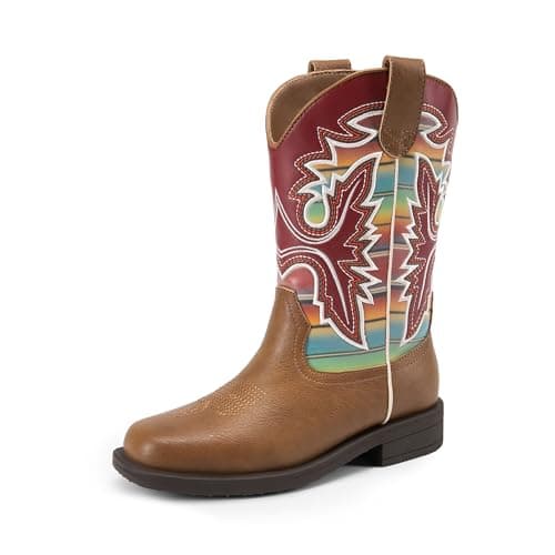 DREAM PAIRS Boys Girls Cowboy Boots Toddler Mid Calf Western Boots Square Toe Riding Boots for Kids,Size 10 Toddler,Brown/Multi,KKUMMB2502 - Image 1