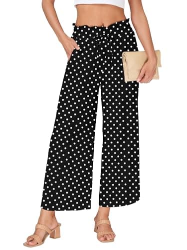 VUTRU Womens Pants Wide Leg Casual High Waisted Dress Flowy Loose Polka Dot Capris Travel Summer Clothes, Black2 S - Image 1