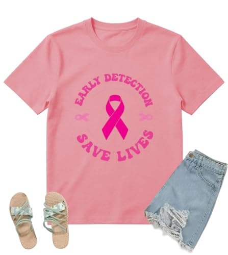 Breast Cancer Awareness Shirt Women-Early Detection Save Lives Pink Ribbon T-Shirt Survivor Support Short Sleeve Tee Top - Image 1