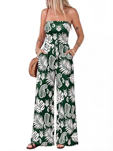 BTFBM Jumpsuits For Women Casual 2026 Floral Strapless Jumpsuit Wide Leg Rompers Beach Vacation Clothes Summer Outfits(Floral Dark Green White, XX-Large) - Image 1