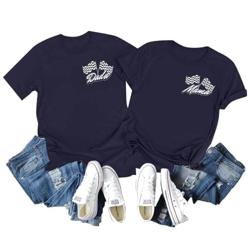 Racing Birthday Party Matching Shirt Mom and Dad Car Racer Couple T Shirt Checkered Flag Short Sleeve Tee Tops - Image 1