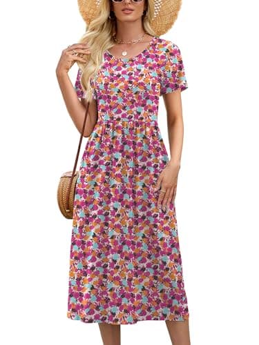 Heymoments Women Dresses Vibrant Bloom Small Wedding Guest Crewneck Short Sleeves A line Casual Flowy Swing Cocktail Slimming Birthday Party Summer Travel Long Midi Dress with Pocket - Image 1