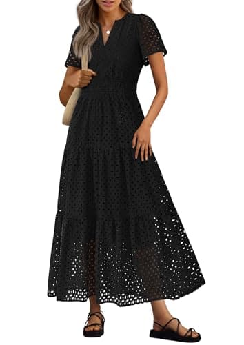 PRETTYGARDEN Womens 2026 Summer Maxi Dress Short Sleeve V Neck Hollow Out Eyelet A Line Long Flowy Beach Vacation Dresses (Black,X-Small) - Image 1