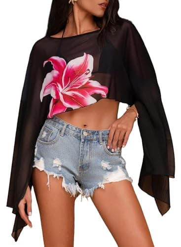 Dokotoo Womens Summer Bell Long Sleeve Mesh Tops Lightweight Casual Boho Floral Cover Up Beach Vacation Clothes 2026 Fashion Crop Tops Outfits Black Medium - Image 1