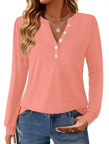 GKBK Women's Puff Long Sleeve Tunic V Neck Button Blouses Fall Tops Trendy Dressy Casual Business Henley Shirts Coral XL - Image 1