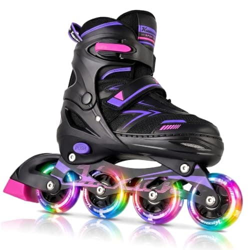 Kuxuan Adults Adjustable Illuminating Inline Skates for Women Beginners, Safe & Comfortable Outdoor Roller Skates Blades with Full Light-Up Wheels(Purple, Adults)