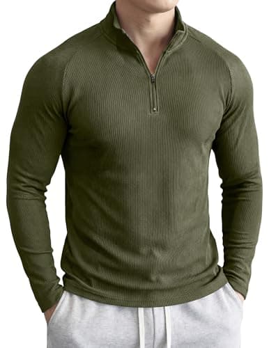 JMIERR Mens 1/4 Zip Pullover Slim Fit Ribbed Athletic Running Muscle Shirts Breathable Stretch Flexible Pullover Long Sleeve T Shirt, Small, A Jungle Green - Image 1