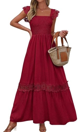 PRETTYGARDEN Women's Smocked Summer Maxi Dresses 2026 Ruffle Cap Sleeve Square Neck Lace Detail Flowy Sundress with Pockets (Red, Medium) - Image 1