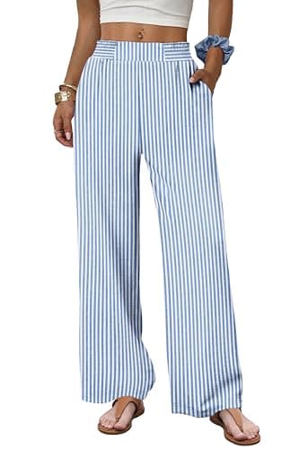 Sampeel Blue Striped Pants Women Wide Leg Summer Pants for Women with Pockets Lightweight Spring Fashion Palazzo Trousers Beach Vacation Travel Outfits Clothes Loose M - Image 1