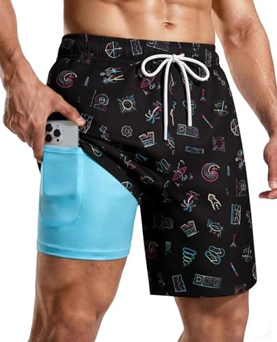 CoozySphere Anti Chafe Mens Swim Trunks 7 Inch 2 in 1 Compression Liner Quick Dry Drawstring Zipper Pockets Beach Swim Shorts M - Image 1