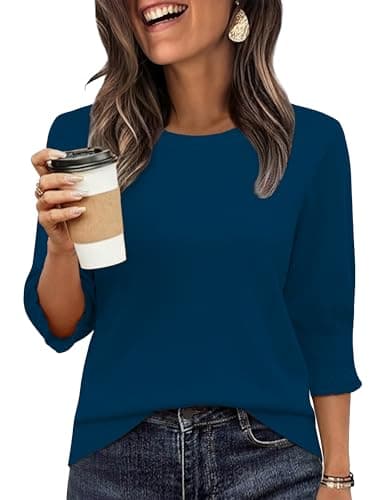 Totatuit 3/4 Sleeve Lightweight Sweaters for Women Crew Neck Spring Tops Basic Beach Vacation Travel Clothes Dark Blue Small - Image 1