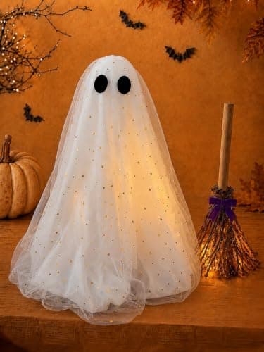 Halloween Decorations Ghost and Witch Broom Set - Full Fluffy Lighted Ghost Shape, DIY Adjustable Decor, Cute Fall Halloween Indoor Decor for Mantel, Fireplace, Entryway