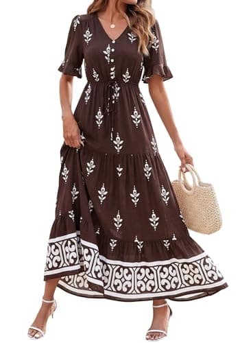 BTFBM Womens Summer Dresses 2026 Spring Casual Short Sleeve v Neck Boho Floral Flowy A-Line Tiered Maxi Dress Pockets(Floral Coffee White, Medium) - Image 1