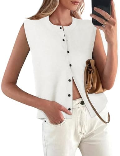 COCCKO Womens Sweater Vest Sleeveless Cardigan Button Up Crew Neck Summer Lightweight Knit Tank Top White - Image 1