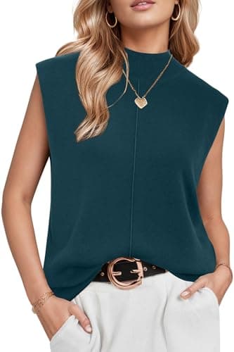 Arach&Cloz Womens Spring Summer 2026 Sleeveless Mock Neck Sweater Vest Business Casual Work Tops Capsule Wardrobe Outfits Teacher Professional Clothes Dark Green - Image 1