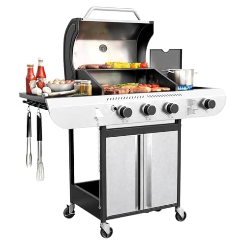 COWSAR 3-Burner Propane Gas Grill with Side Burner, 34,000 BTU Stainless Steel BBQ Grill with Porcelain-Enameled Cast Iron Grates, Outdoor Barbecue Grill for Patio Garden Cooking - Image 1