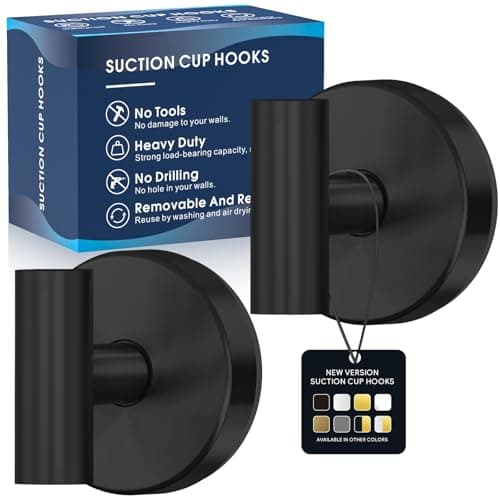 MOTAIPEAK Suction Cup Hooks for Shower, Removable Shower Suction Hooks for Inside Shower, No Drill Towel Hooks for Bathroom Glass Mirror Tile, Waterproof Rustproof Robe & Loofah Hooks, Black, 2 Pack