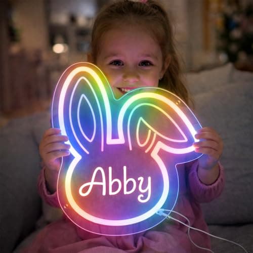 Custom Bunny Neon Signs, Gifts for Easter, Customize LED Neon Name Sign for Teen Girl Boys Wall Room Decor, Personalized Rabbit Neon Sign Light Signs for Home Decor - Image 1