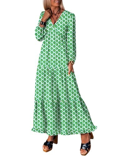 ANRABESS Womens Long Sleeve Boho Maxi Dress 2026 Fall V Neck Floral Striped Casual Loose Fit Beach Vacation Dresses Light Green Large - Image 1